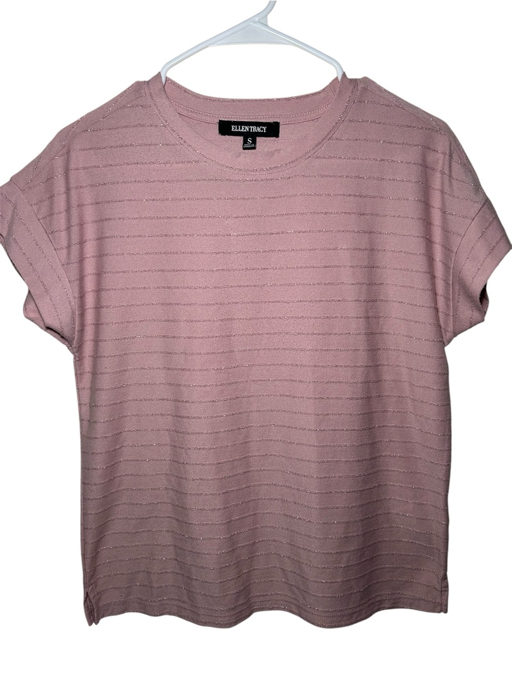 Ellen Tracy Pink Short Sleeve Knit Top Metallic Strip Ribbed Texture Small Causa